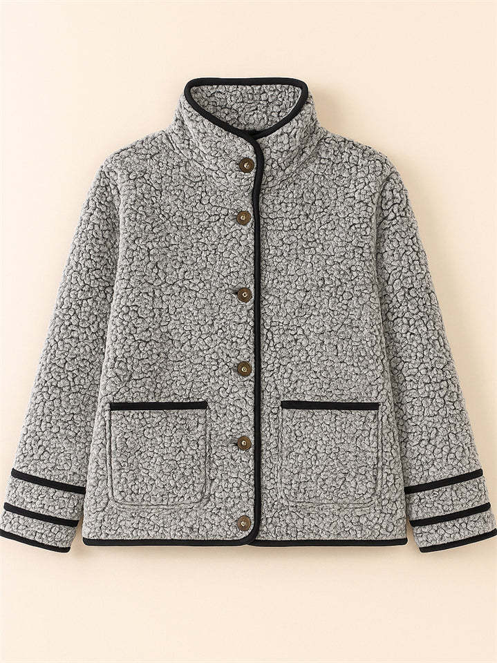 Casual Autumn Contrast Trim Single Breasted Lapel Fleece Coats
