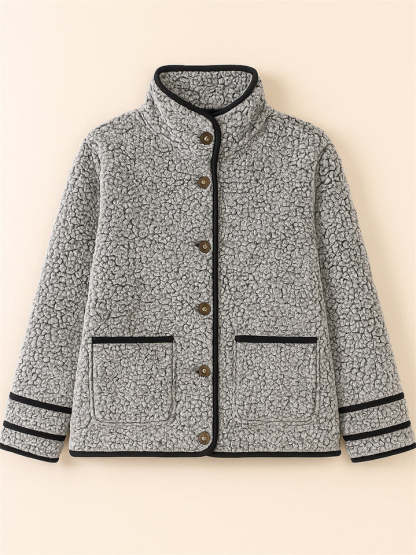 Casual Autumn Contrast Trim Single Breasted Lapel Fleece Coats