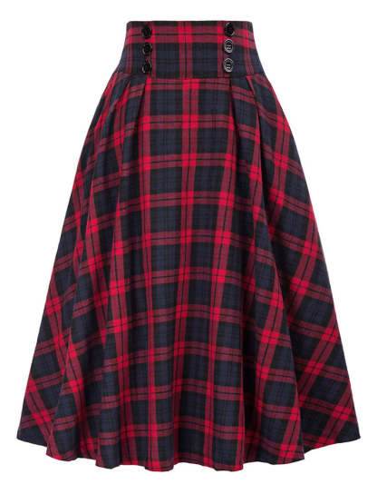 Women's Vintage Autumn High Waist Big Hem Plaid Skirts