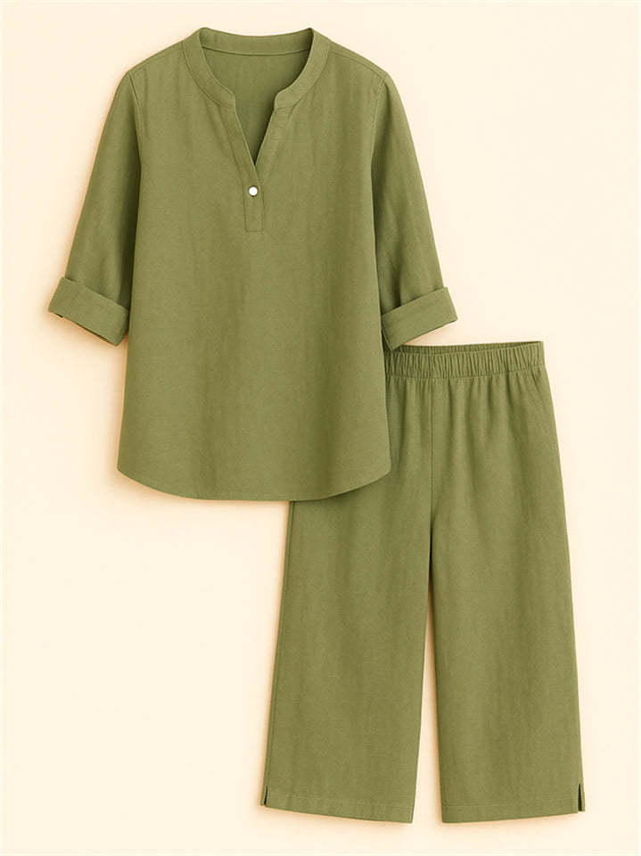 Summer Holiday Style V Neck Solid Color Top & Shorts Set for Women