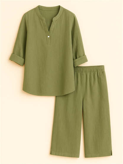 Summer Holiday Style V Neck Solid Color Top & Shorts Set for Women