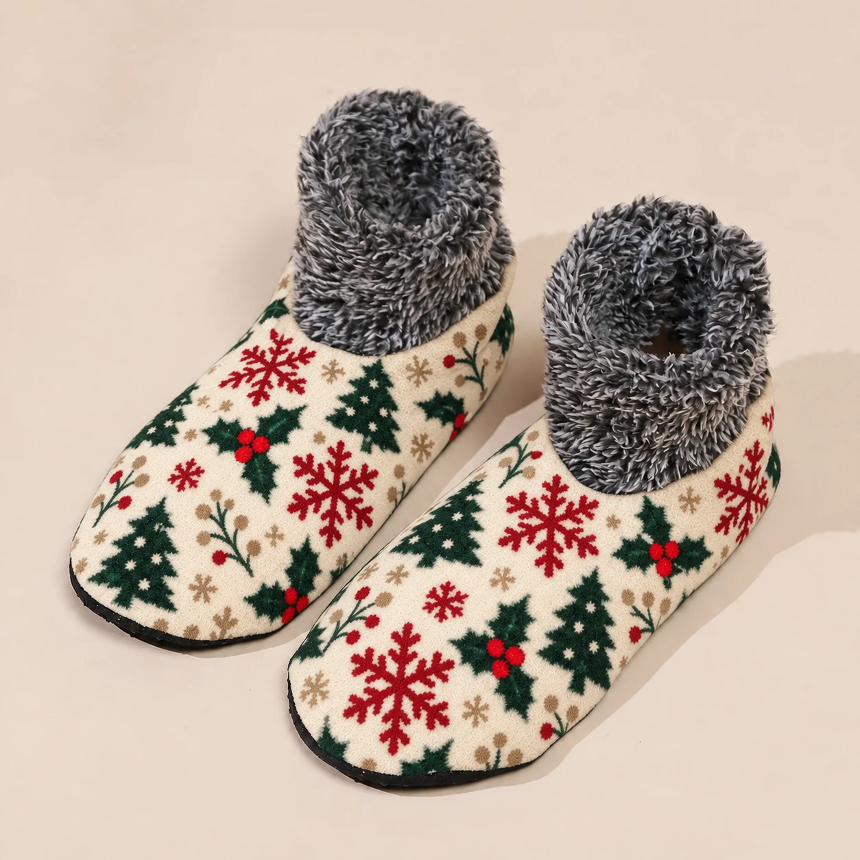 Cream Christmas fuzzy house socks with red and green holiday print