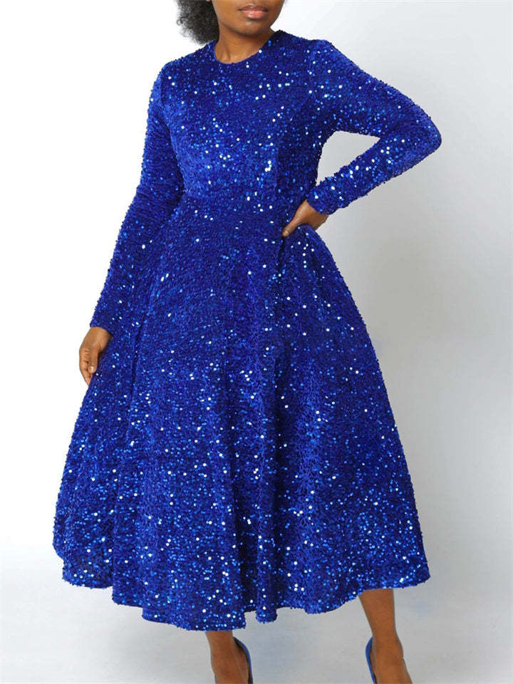 Trendy Sequined Solid Color Long Sleeve Big Hem Maxi Dress