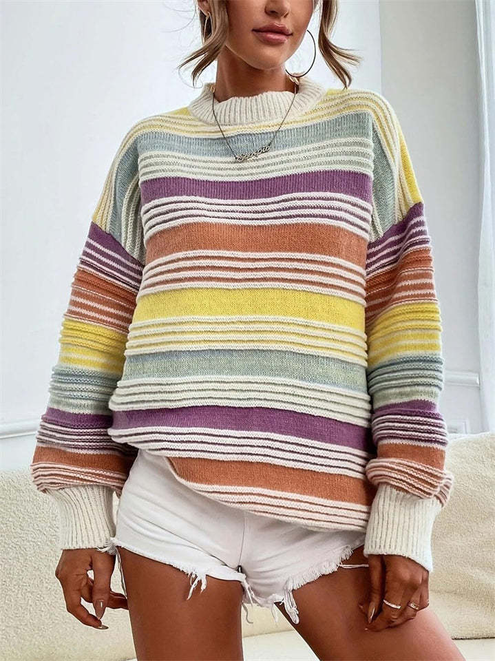 Women's Autumn Rainbow Color Striped Round Neck Sweaters