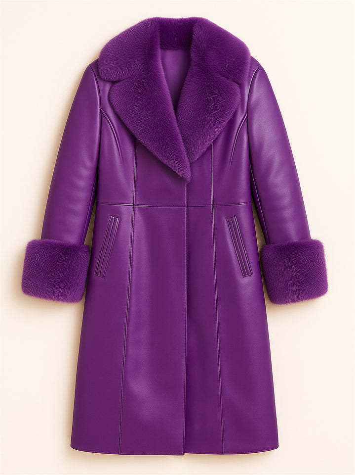 Women's Vintage Faux Fur Collar Glossy PU Leather Mid-Length Coats