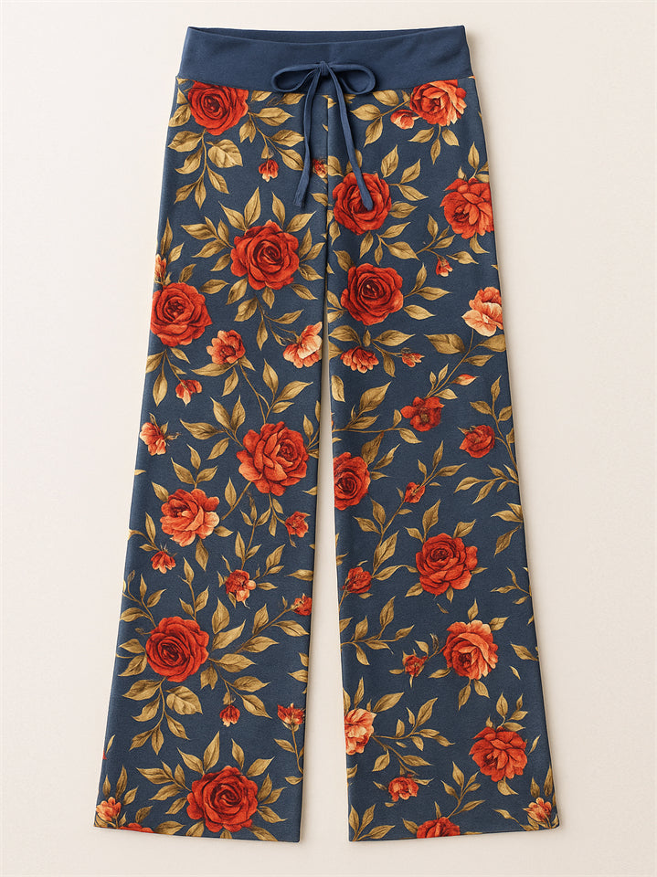 Women's Casual Floral Printed Drawstring Wide-Leg Pants