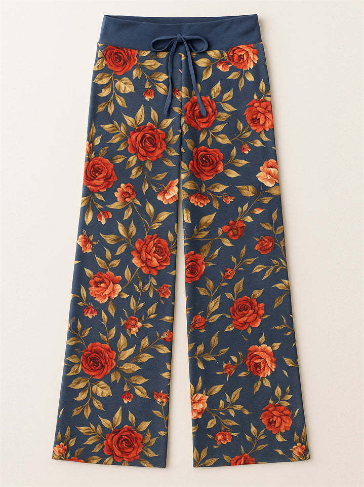 Women's Casual Floral Printed Drawstring Wide-Leg Pants