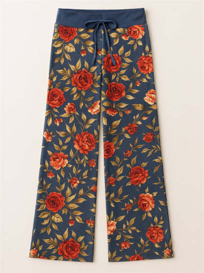 Women's Casual Floral Printed Drawstring Wide-Leg Pants