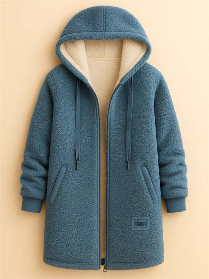 Women's Simple Zip Up Mid-Length Hooded Fleece Coats