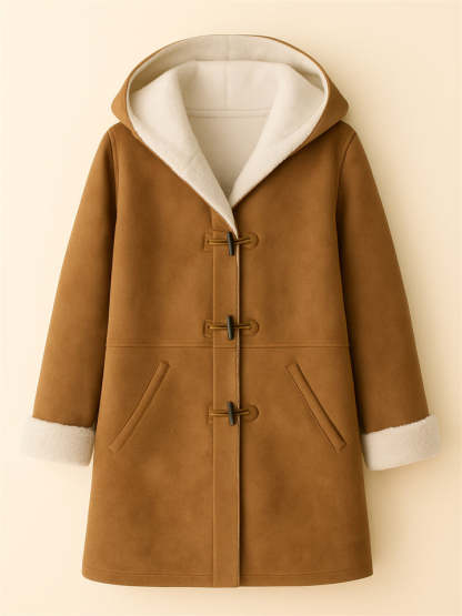 Autumn Simple Solid Color Fleece Lining Horn Buckle Hooded Coats
