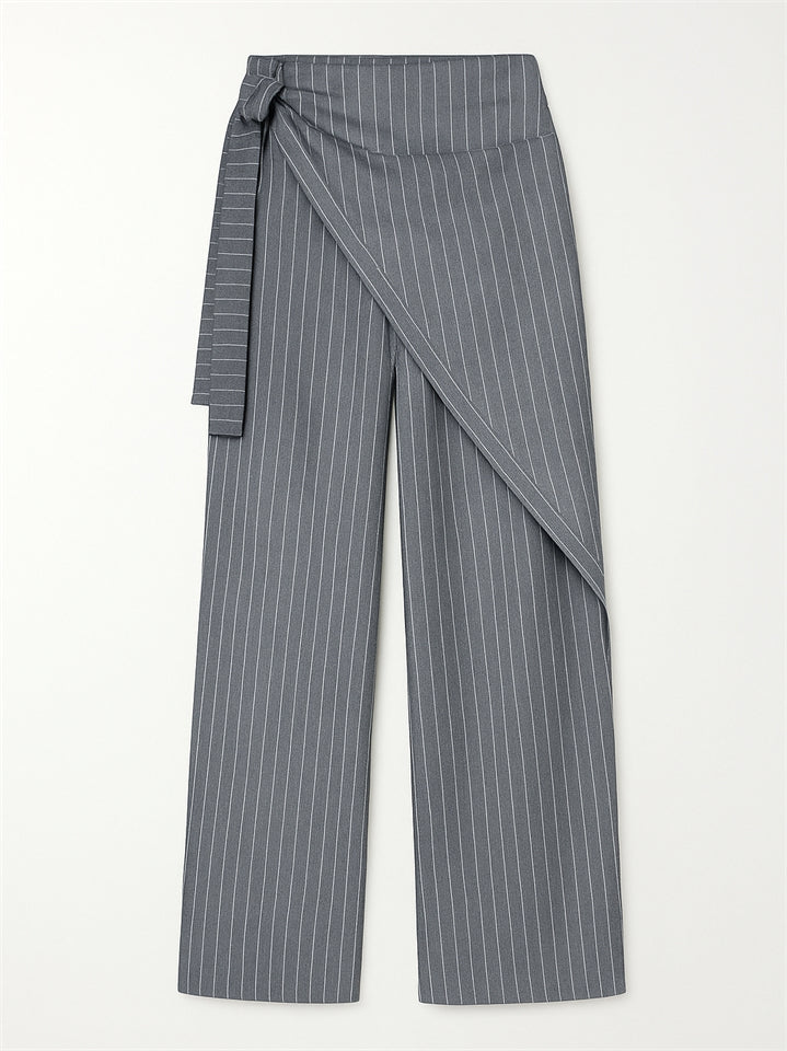 Ladies' Elegant Trendy Striped Lace Up High Waist Straight Pants