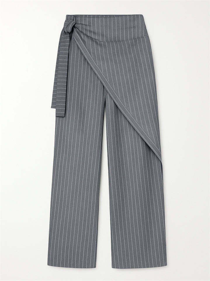 Ladies' Elegant Trendy Striped Lace Up High Waist Straight Pants