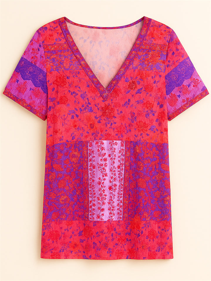 Summer Holiday Style Floral Print V Neck T-Shirt for Women