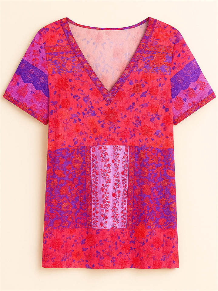 Summer Holiday Style Floral Print V Neck T-Shirt for Women