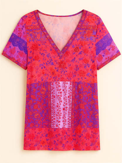 Summer Holiday Style Floral Print V Neck T-Shirt for Women