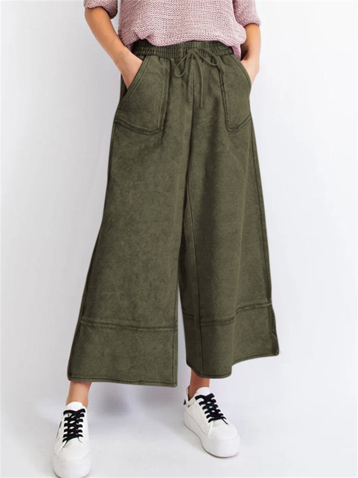 Women's Distressed Solid Color Pockets Elastic Waist Wide Leg Pants