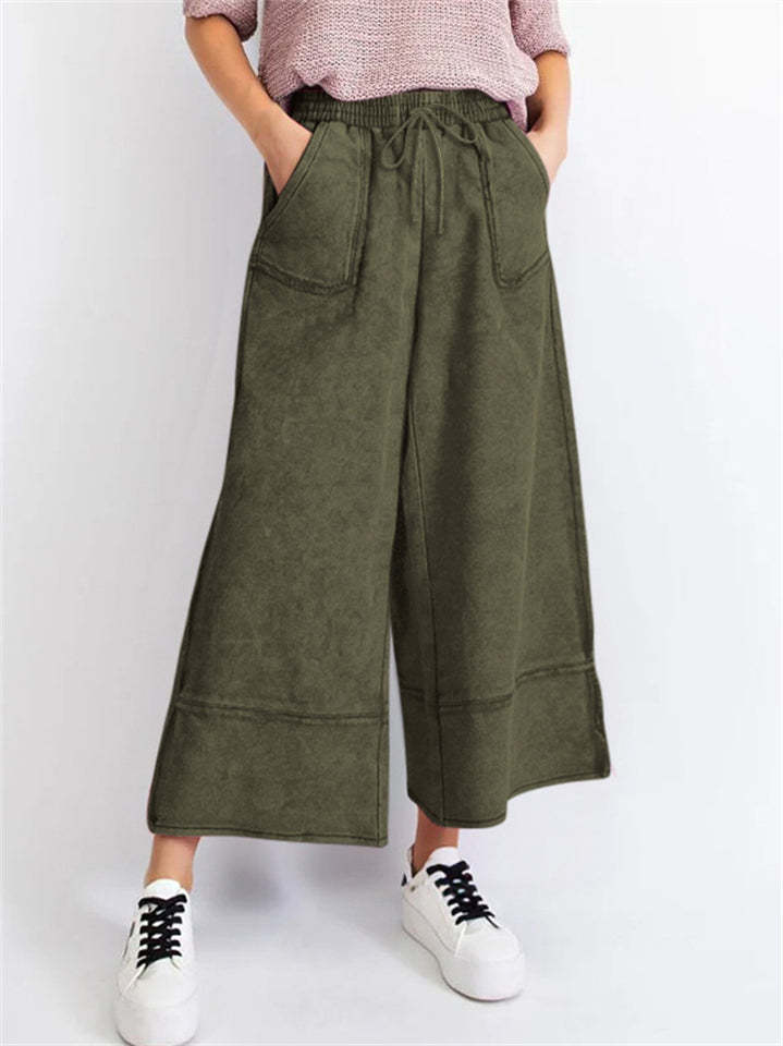 Women's Distressed Solid Color Pockets Elastic Waist Wide Leg Pants