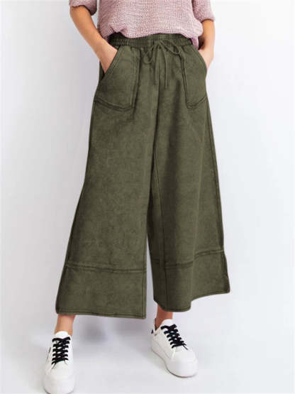 Women's Distressed Solid Color Pockets Elastic Waist Wide Leg Pants