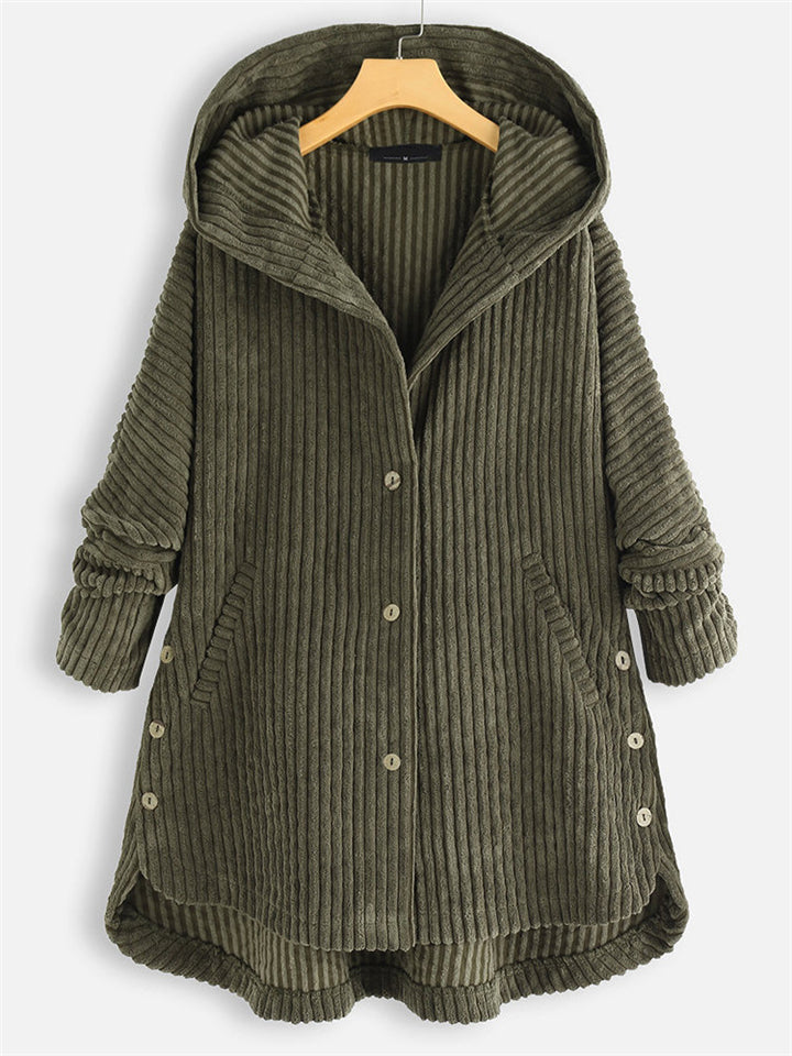 Autumn Solid Color Asymmetric Hem Corduroy Hooded Coat for Women