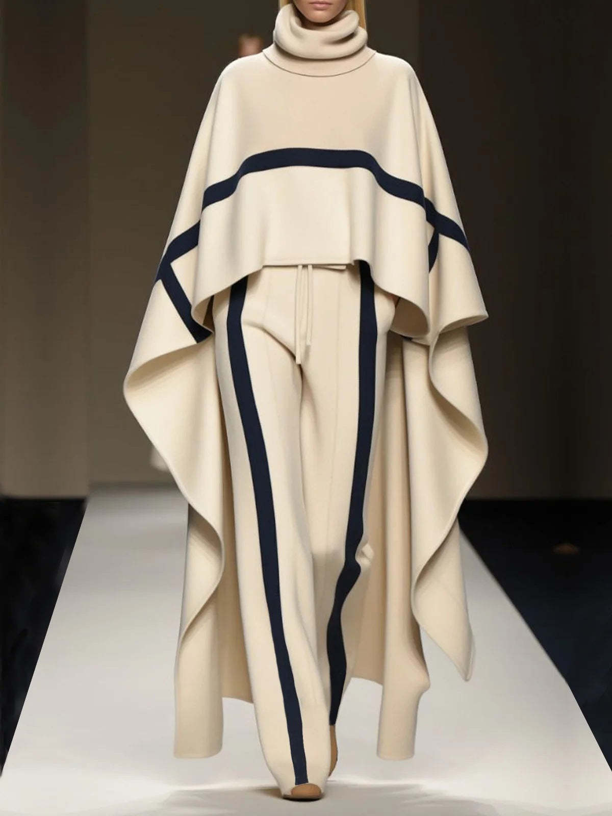 Ladies' Trendy Turtleneck Raglan Sleeves Striped Color Block Cape and Pants Set