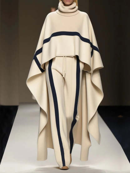Ladies' Trendy Turtleneck Raglan Sleeves Striped Color Block Cape and Pants Set
