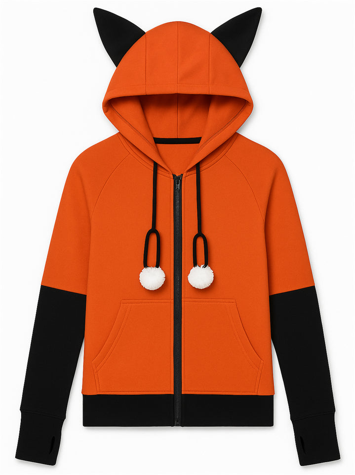 Women's Adorable Fox Ear Drawstring Hooded Zip Up Cardigan Sweatshirt