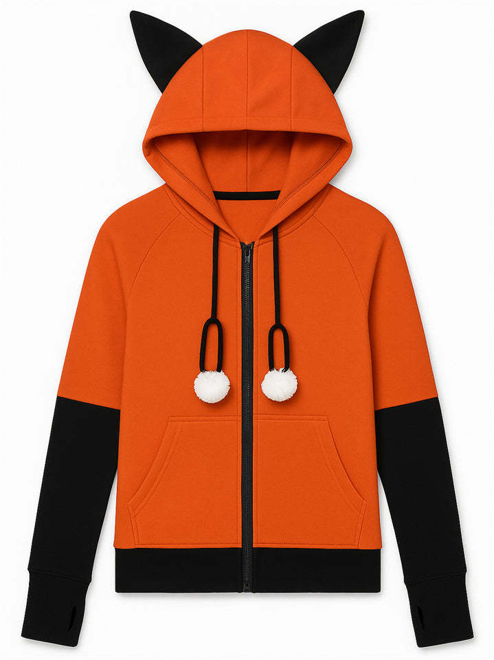 Adorable Fox Ear Drawstring Hooded Full Zipper Sweatshirt