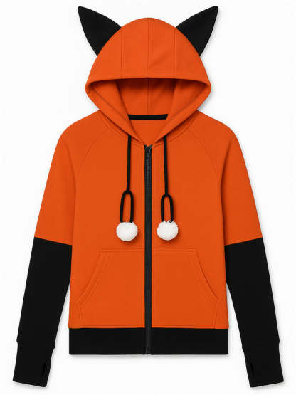 Women's Adorable Fox Ear Drawstring Hooded Zip Up Cardigan Sweatshirt