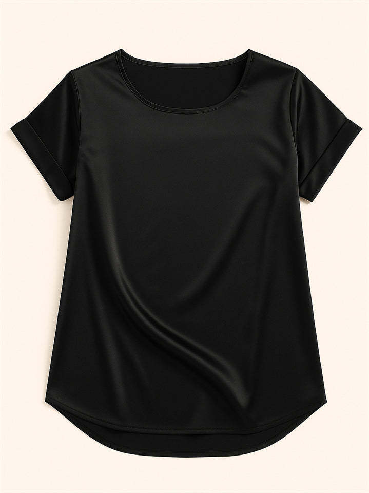 Female's Summer Simple Solid Color Round Neck Short Sleeve Satin Shirts