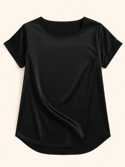 Female's Summer Simple Solid Color Round Neck Short Sleeve Satin Shirts