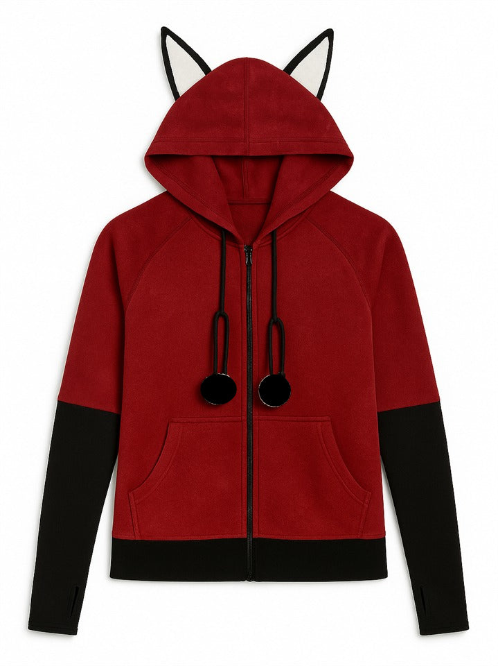 Women's Adorable Fox Ear Drawstring Hooded Zip Up Cardigan Sweatshirt