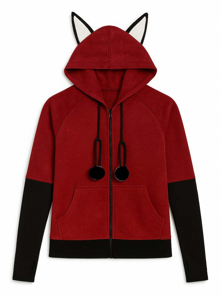 Women's Adorable Fox Ear Drawstring Hooded Zip Up Cardigan Sweatshirt