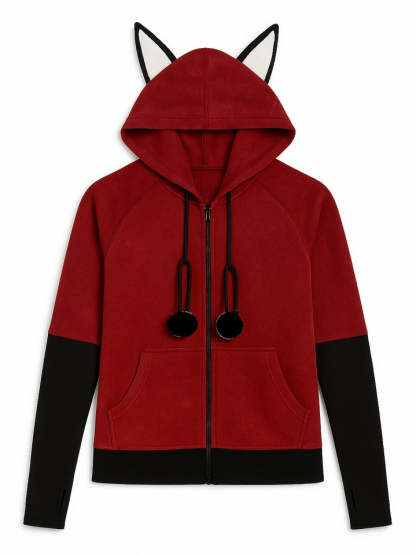 Women's Adorable Fox Ear Drawstring Hooded Zip Up Cardigan Sweatshirt