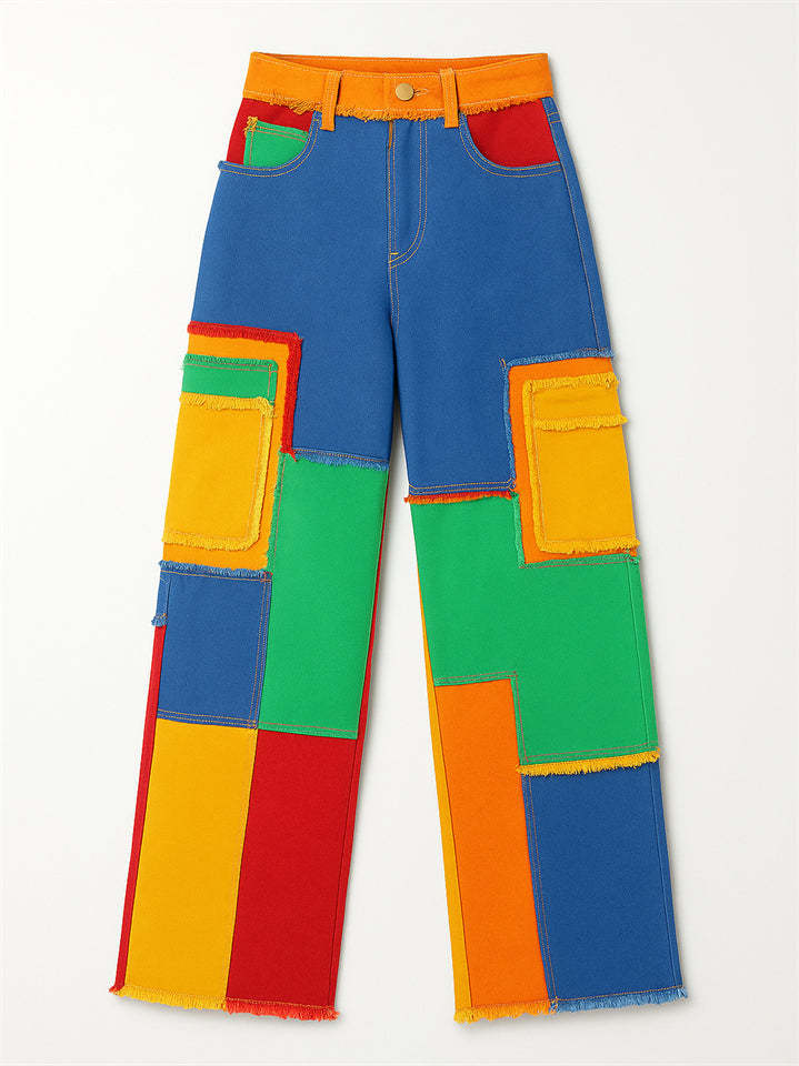 Women's Trendy Color Block Patchwork High Rise Denim Pants