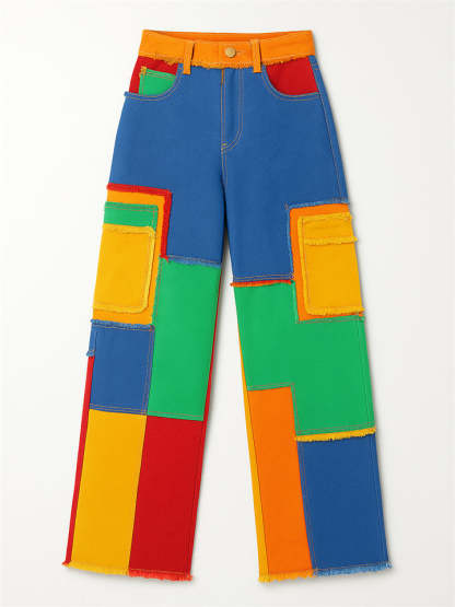 Women's Trendy Color Block Patchwork High Rise Denim Pants