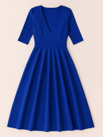 Ladies' Elegant Deep-V Neck Solid Color Half Sleeve Midi Dress