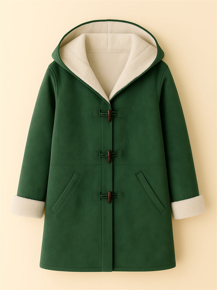 Autumn Simple Solid Color Fleece Lining Horn Buckle Hooded Coats