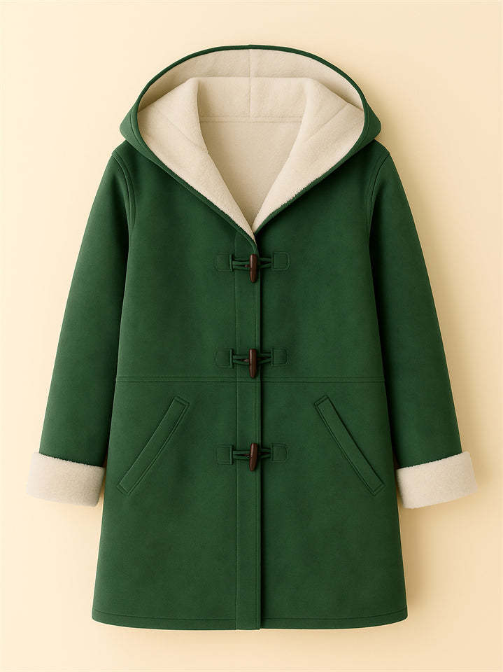 Autumn Simple Solid Color Fleece Lining Horn Buckle Hooded Coats