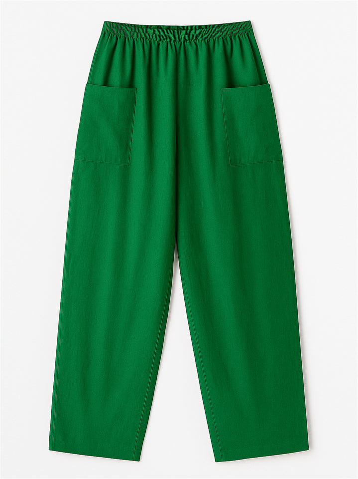 Women's Simple Solid Color Elastic High Waist Pants with Pockets