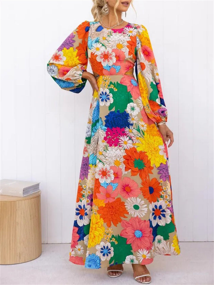 Ladies' Floral Graffiti Printed Long Sleeve Maxi Dress