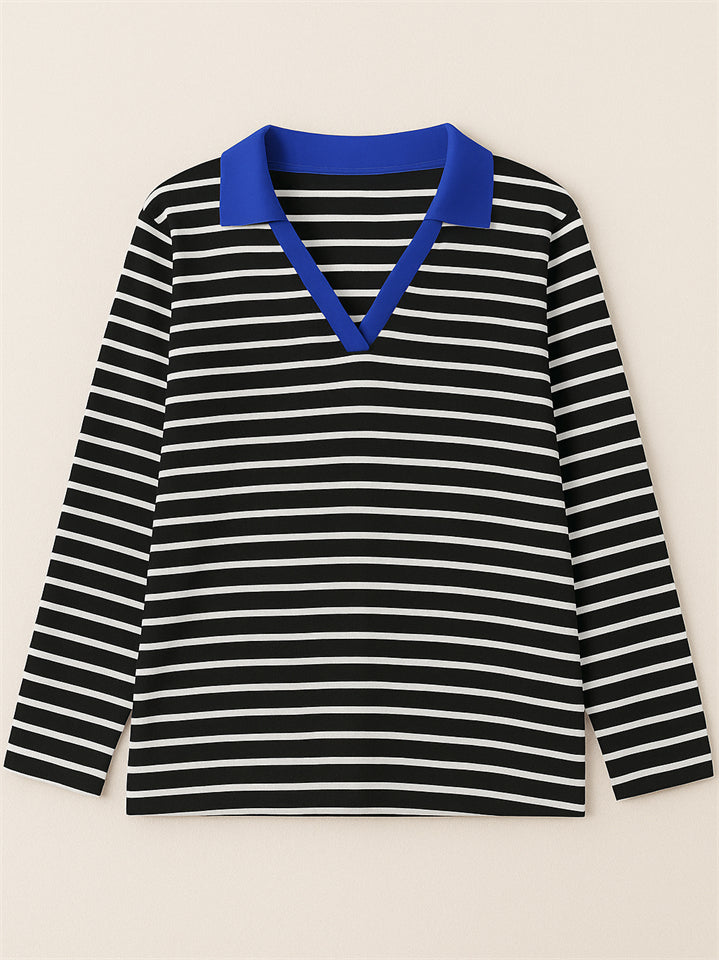 Women's Stripe Contrast Color V Neck Pullover Long Sleeve Shirts