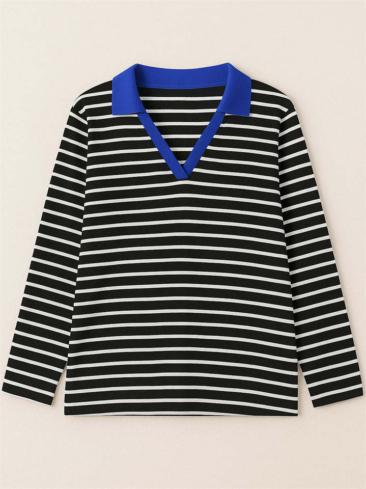 Women's Stripe Contrast Color V Neck Pullover Long Sleeve Shirts