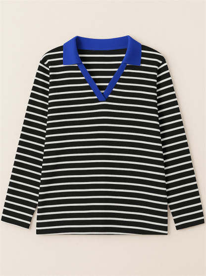 Women's Stripe Contrast Color V Neck Pullover Long Sleeve Shirts