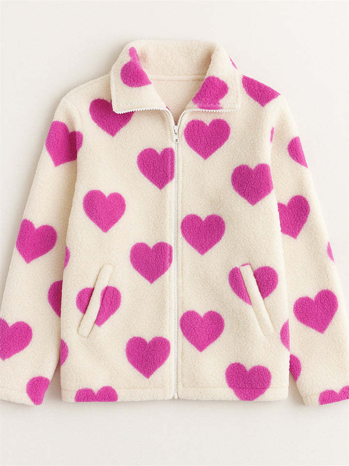 Autumn Cute Heart Shape Pattern Zip Up Fleece Coats for Women
