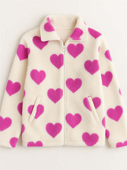 Autumn Cute Heart Shape Pattern Zip Up Fleece Coats for Women