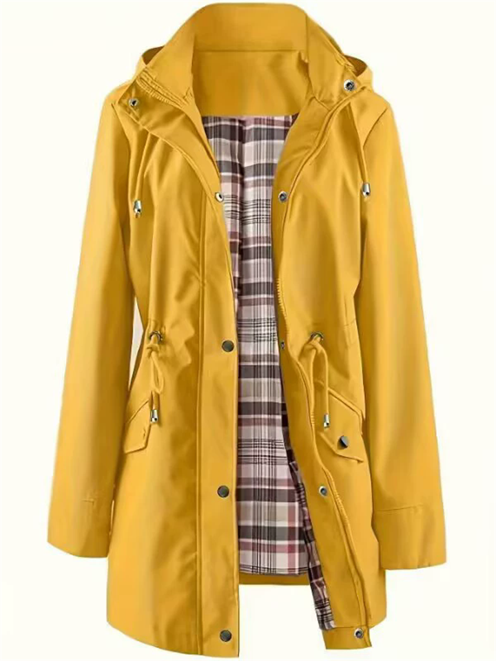 Women's Outdoor Casual Plaid Lining Trench Coat with Detachable Hood
