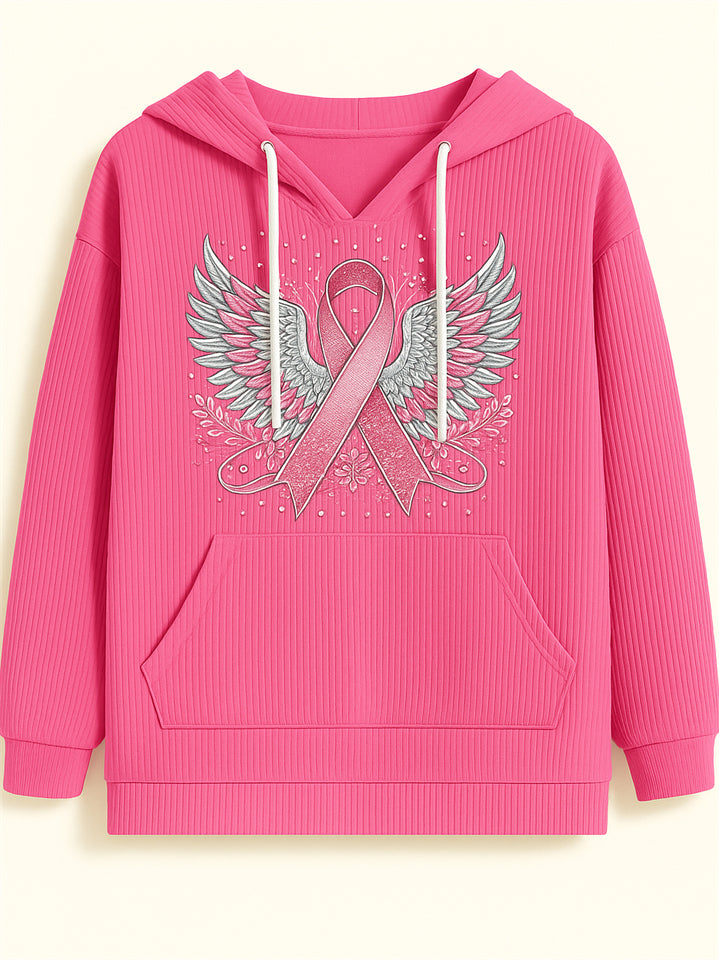 Female's Wings& Ribbon Print Long-sleeved Kangaroo Pocket Hoodies
