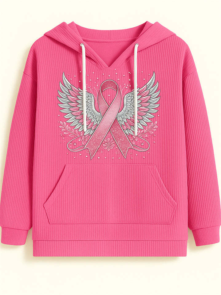 Female's Wings& Ribbon Print Long-sleeved Kangaroo Pocket Hoodies