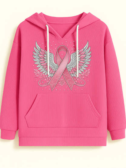 Female's Wings& Ribbon Print Long-sleeved Kangaroo Pocket Hoodies