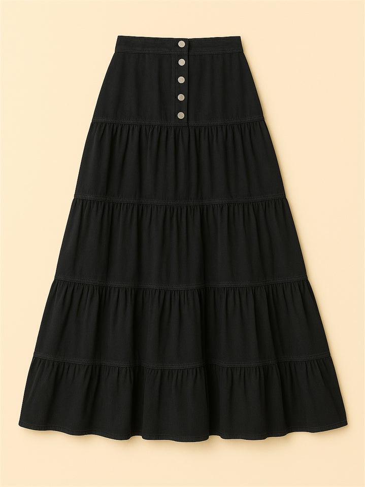 Women Bohemian Style A-line Button Front Denim Tiered Skirt